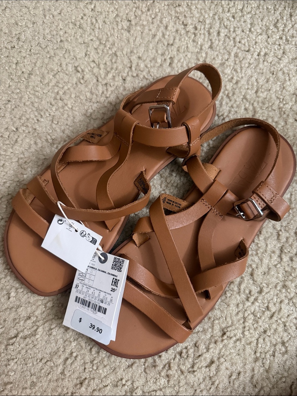 Zara Kids Tan Strappy Comfort Sandals US5 Eur37